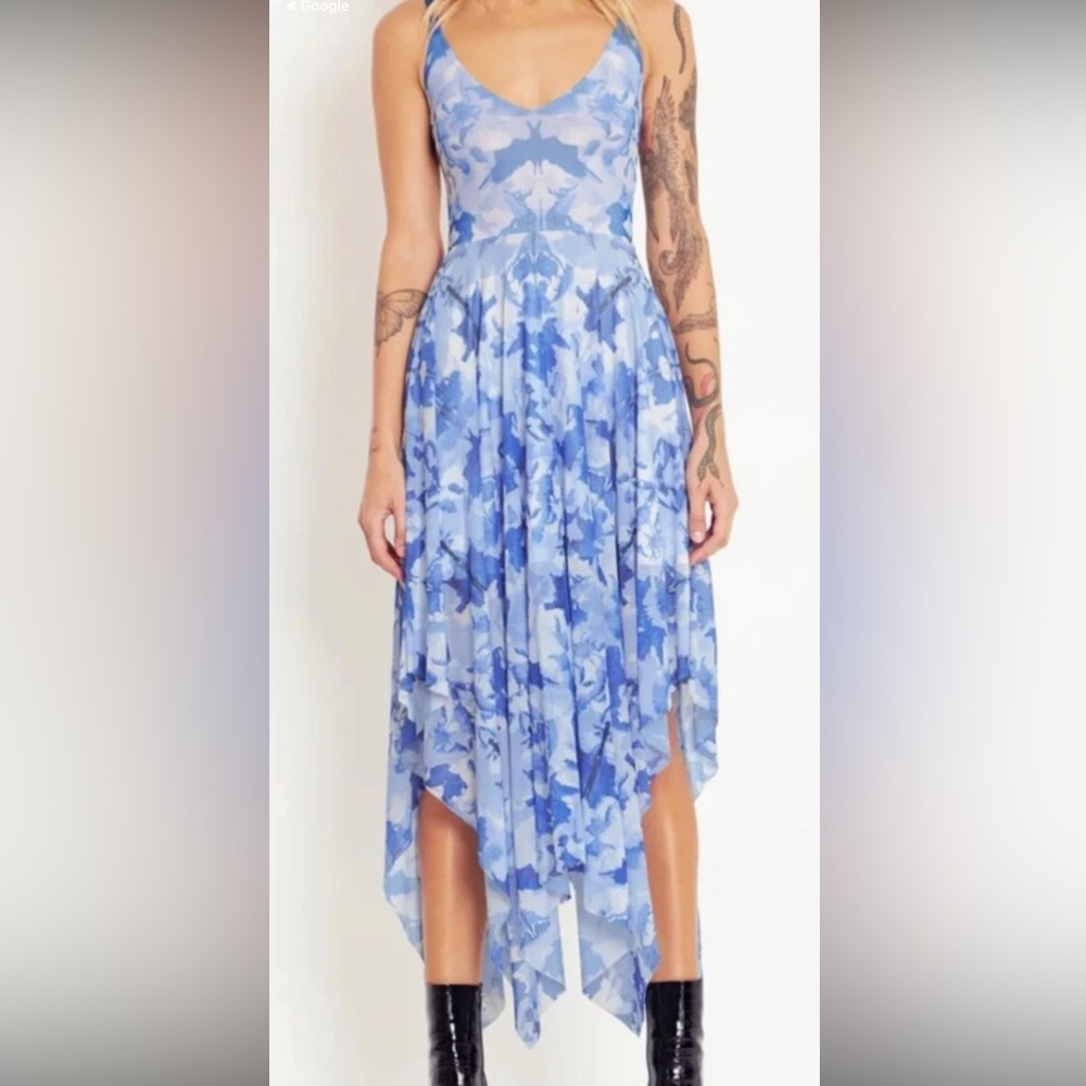 Blackmilk Blue Abstract Rorschach Asymmetrical MIDI Dress